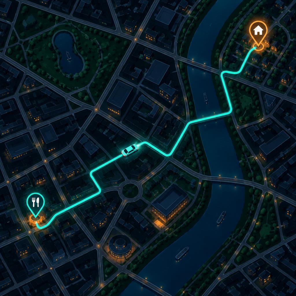Map seen from above showing a car driving a member home from a restaurant
